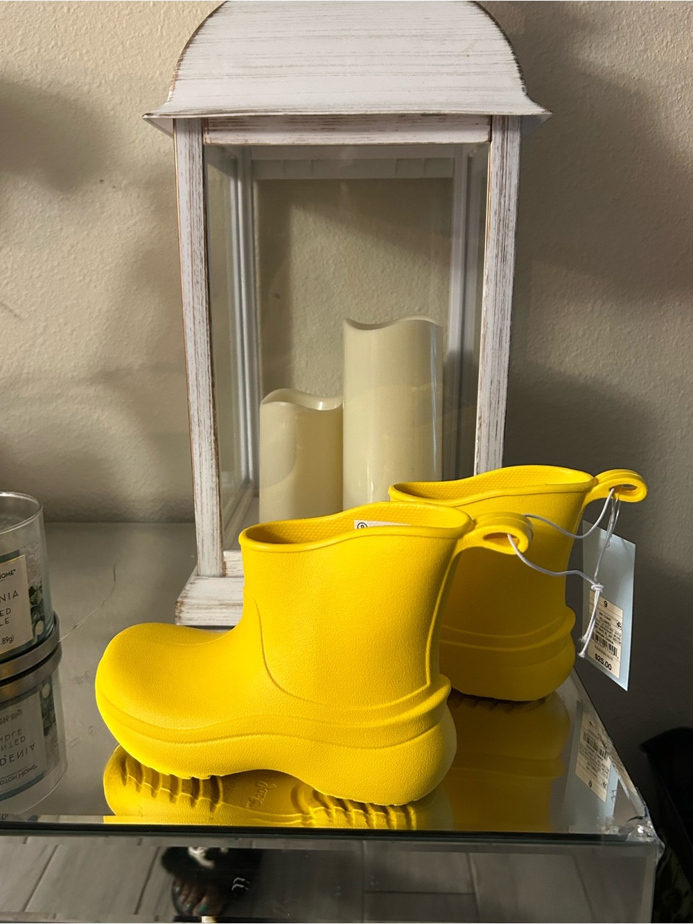 Yellow Rain Boot-Style Shoe with Printed Interior Label